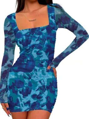 Prinbara Women's Blue Mesh Long Sleeve Square Neck Ruched Mini Dress Size-XS